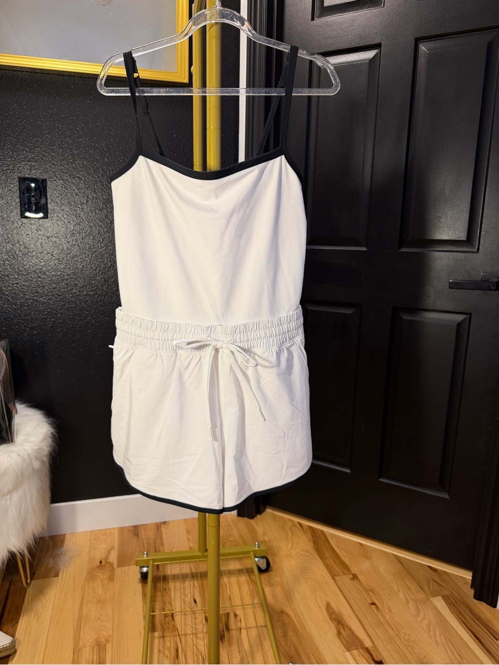 Women's White Spaghetti-Strap Drawstring Romper with Black Trim